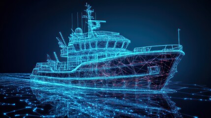 A digital wireframe representation of a ship on water, showcasing technology and design.