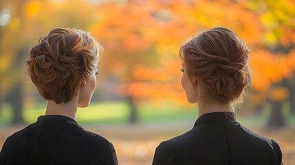 Two women with elegant updos, facing away, autumn backdrop.