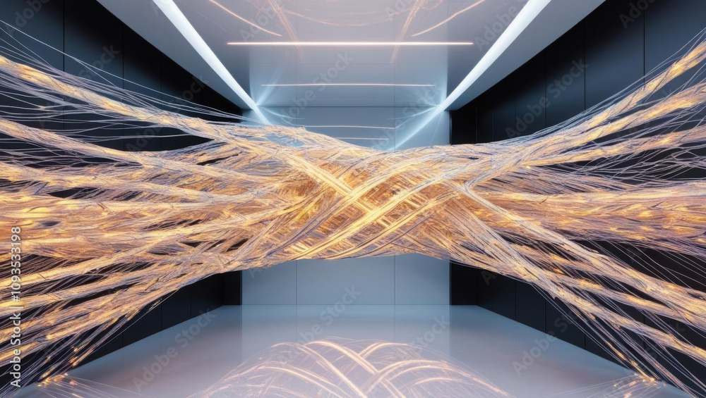 Poster quantum data flow, fiber optic threads create abstract glowing patterns in futuristic tech art setti
