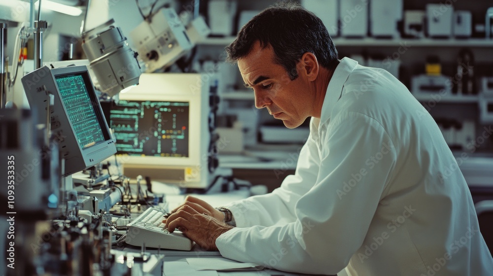 Poster a scientist works on a computer in a laboratory setting
