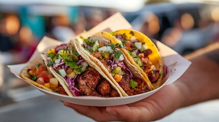 Fresh street tacos with meat, vegetables and colorful toppings on paper plate. Mexican food truck cuisine. Authentic street food with vibrant ingredients and garnishes for menu
