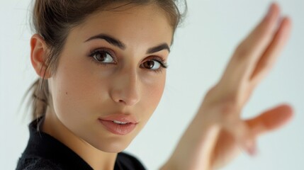 Fototapeta premium A woman holds up her hand to shield her eyes from the light