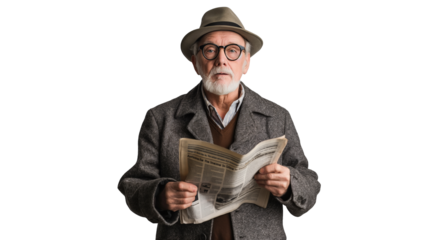 Senior gentleman holding a newspaper on white and transparent background, cut out png