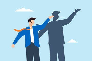Flat illustration of dishonest businessman shadow reveal long nose lying business fraud and hiding truth