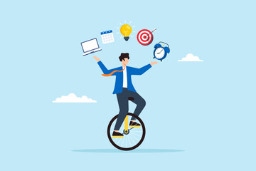 Flat illustration of skillful businessman riding unicycle while juggling laptop calendar idea email bullseye alarm clock productivity and multitasking © VZ_Art