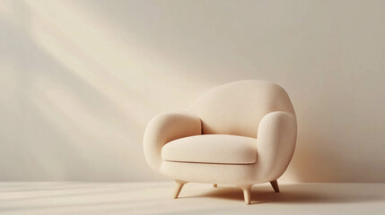 A modern and comfortable armchair in light colors on a light beige background