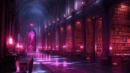 Enchanting Library with Ethereal Lighting and Majestic Architecture