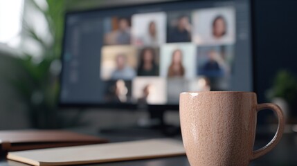 Coffee cup during online video conference meeting at home office desk. Remote work setup with laptop screen. Digital workplace communication with team. Modern business lifestyle