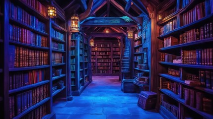 Naklejka premium Enchanting Library with Mystical Lighting and Antique Books