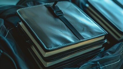 A book is sitting on top of a backpack in this image, suitable for use in educational or travel-related contexts