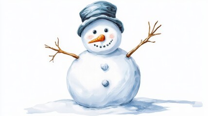 A cheerful snowman with a blue hat and stick arms stands in snowy surroundings, embodying the fun of winter.