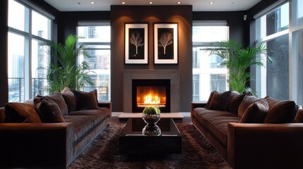 Modern living room with fireplace, large windows, and brown sofas.