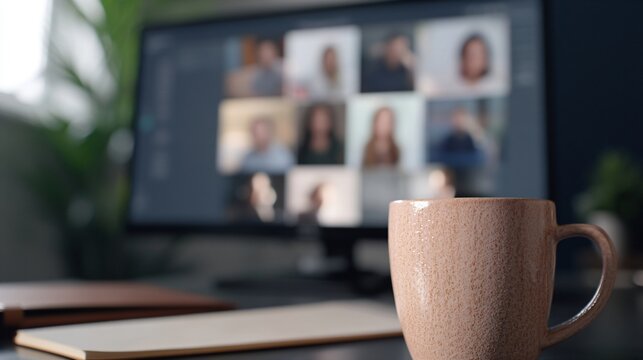 Coffee cup during online video conference meeting at home office desk. Remote work setup with laptop screen. Digital workplace communication with team. Modern business lifestyle