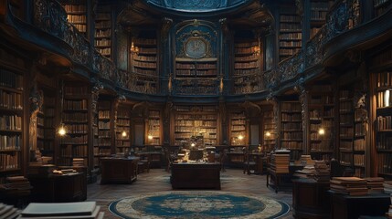 Obraz premium Majestic Vintage Library with Intricate Woodwork and Dim Lighting