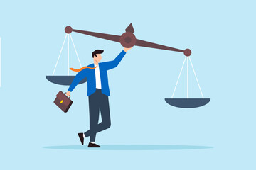 Flat illustration of confident businessman lift ethical balance scale symbolizing principle and business ethics