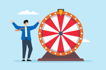Flat illustration of excited businessman watch spinning fortune wheel reliance luck for success investment winning gambling