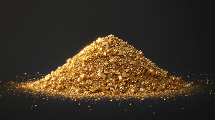 A pile of shimmering gold dust glistens under direct light, with each particle reflecting brilliance and symbolizing pure wealth and abundance. Shimmering Gold Dust. Illustration