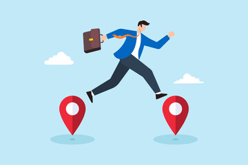Flat illustration of businessman jump from one map pin to another business relocation to new address