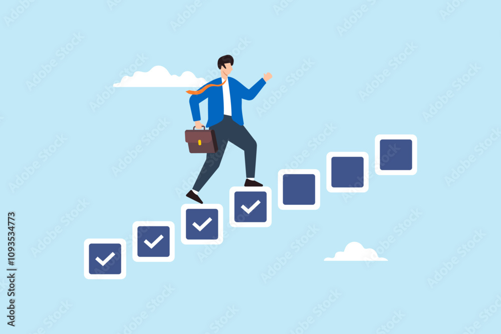 Poster flat illustration of businessman step on checkbox checklist progressing from start to success in com