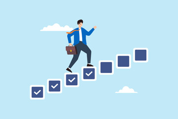 Flat illustration of businessman step on checkbox checklist progressing from start to success in completing task
