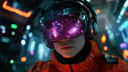 Person in orange spacesuit wearing virtual reality headset with purple cosmic reflection. Futuristic gaming or space exploration concept in dark environment with neon lights