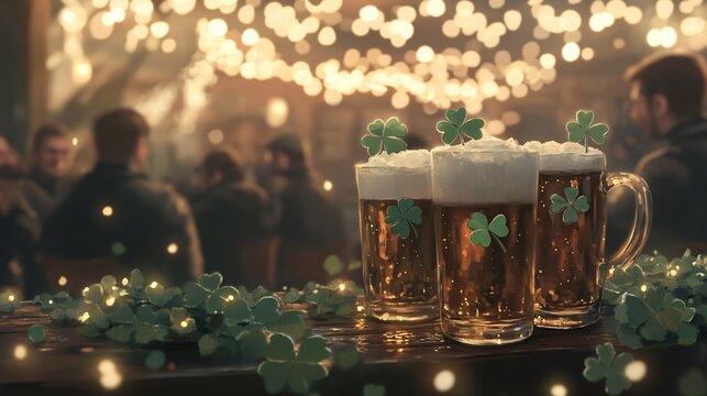 Dark beer mugs with shamrock decorations for St Patrick's day celebration. Irish pub atmosphere with festive bokeh lights. Traditional holiday drink setup for bar promotion