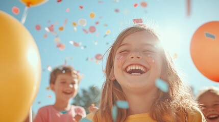Kids celebrating outdoors with orange balloons and confetti on sunny day. Joyful summer activity, candid happy moment. Birthday party or holiday celebration with outdoor fun