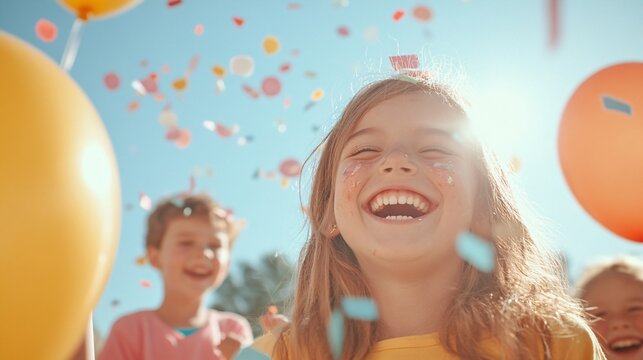 Kids celebrating outdoors with orange balloons and confetti on sunny day. Joyful summer activity, candid happy moment. Birthday party or holiday celebration with outdoor fun