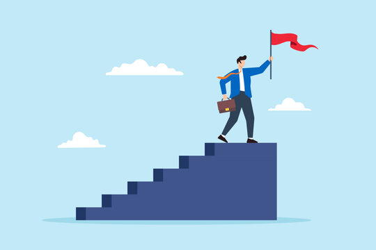 Flat illustration of successful businessman hold winning flag on top of staircase symbolizing step to achievement