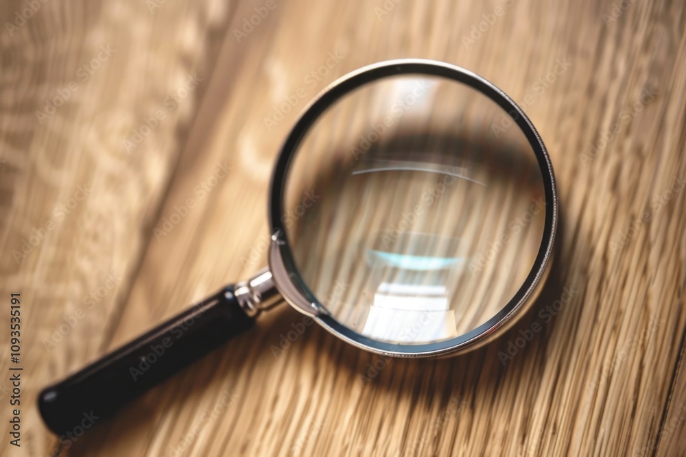 Poster a close-up shot of a magnifying glass on a table, suitable for use in educational or scientific cont