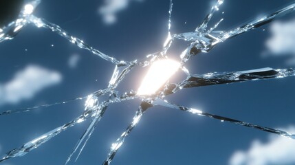 Shattered glass with bright light shining through cracks. Dramatic broken glass effect with glowing center. Modern abstract background for impact, breakthrough and tension concepts