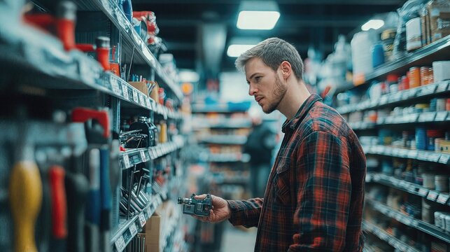 A man is observing a tool while browsing in a local hardware store