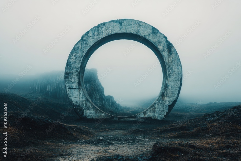 Aufkleber a circular concrete structure surrounded by fog in a vast landscape