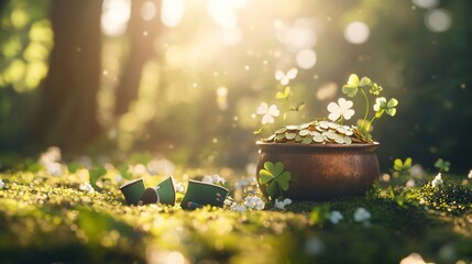 Magical pot of gold in morning sunlight with clover leaves. St Patrick's day theme with shamrocks in forest. Irish lucky charm treasure in nature. Dawn scenery for holiday cards