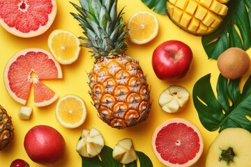 A juicy pineapple surrounded by sliced fruit on a bright yellow background, perfect for food and...