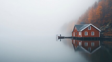 Red wooden house on misty lake with pier in Norway. Traditional Scandinavian cabin reflects in calm water during foggy autumn morning. Nordic fjord landscape with copy space