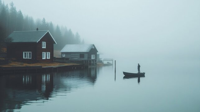 Man in boat near waterfront houses on foggy lake. Moody nordic fishing village in misty morning. Peaceful scandinavian landscape. Tourist destination with copy space