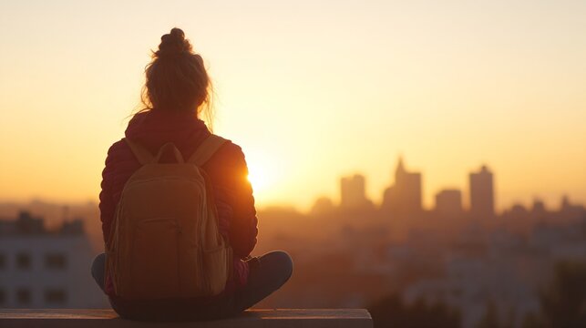 Person sitting on rooftop at sunset overlooking urban cityscape with golden sky. Peaceful moment of solitude in downtown area. Meditation and mindfulness concept with copy space