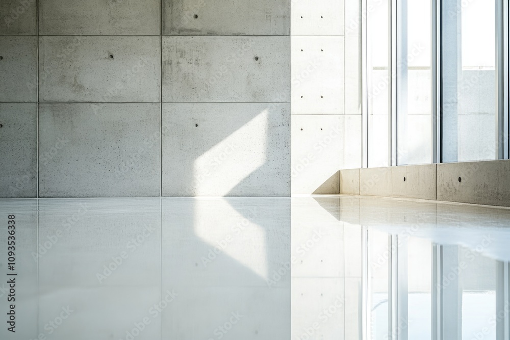 Poster A minimalist interior scene featuring an empty room with a large window and a reflective surface