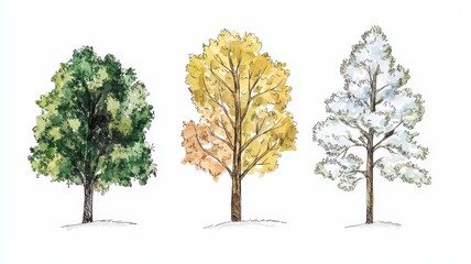 Obraz premium Three stylized trees depicted in green, yellow, and white, representing different seasons or stages of growth.