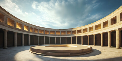 Circular bullring arena under the open sky, representing cultural traditions and architectural elegance. high quality