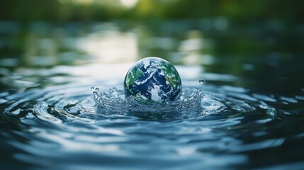 A miniature Earth globe floats on the surface of a tranquil body of water, creating ripples as it settles.