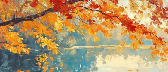 Naklejka premium Autumnal lake scene with vibrant foliage.
