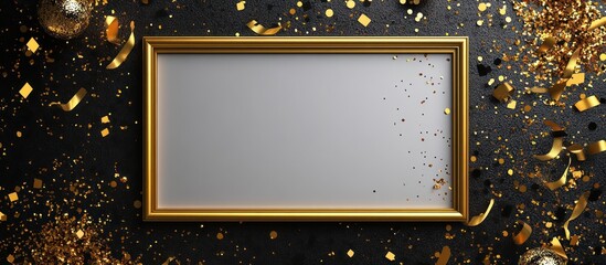 Gold Frame on Black Background with Confetti.