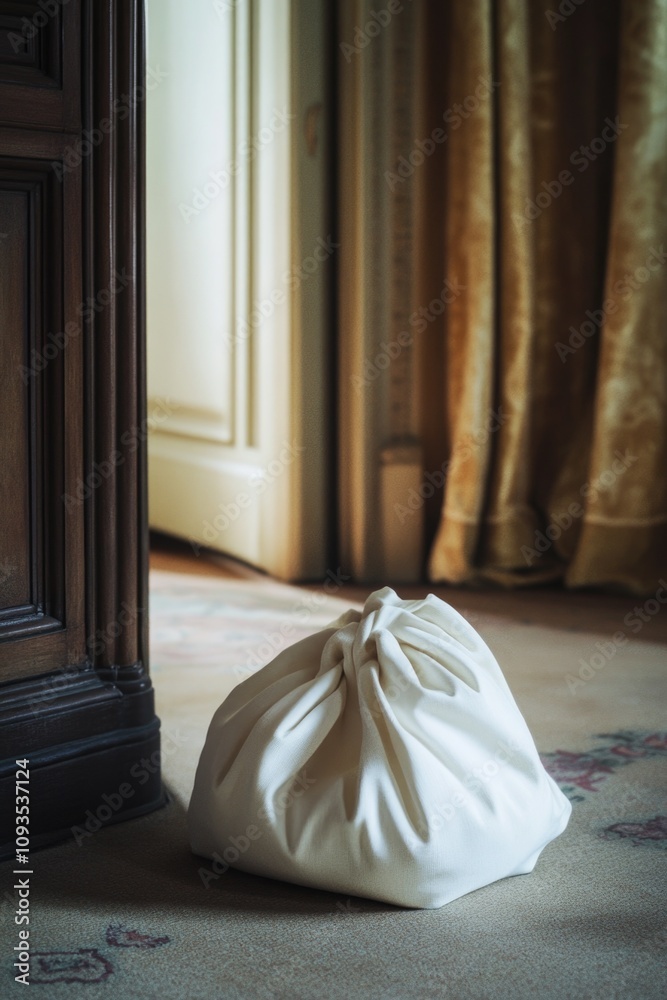 Poster a white bag sits on the floor in front of a door, ready for use or waiting to be taken