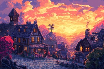 Cozy pixel art village at sunrise. Villagers walk by pixelated cottages, windmills. Warm sunrise colors light up scene. Retro video game style. Tranquil, peaceful atmosphere. Pixelated style