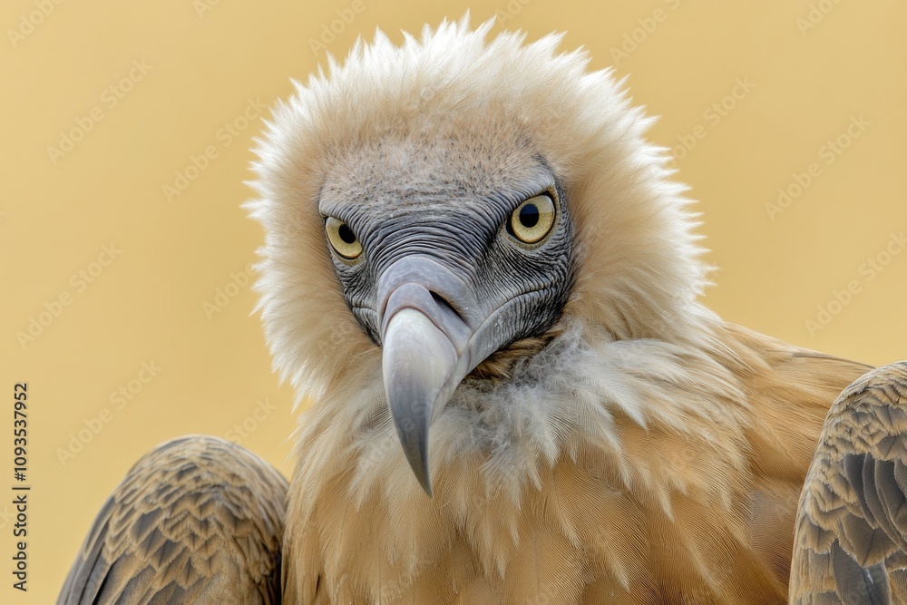 Poster a close-up view of a bird of prey perched on a bright yellow surface