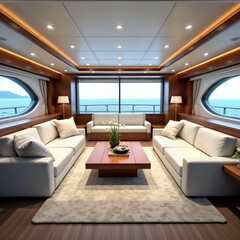 Luxury boat interior boasts white couches and a wooden coffee table. Scenic ocean view from large windows. Comfortable seating area provides relaxation on vessel. Modern design. Summer vacation vibes.