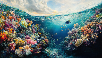 Fototapeta premium Colorful coral reef teeming with fish in the clear waters of a tropical ocean