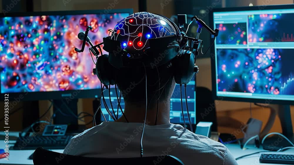 Poster a person wearing a brain-computer interface device in front of computer screens, visualize a brain-c